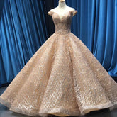 Champagne Heavily Beaded Glitter Evening Ball Gown - FashionByTeresa